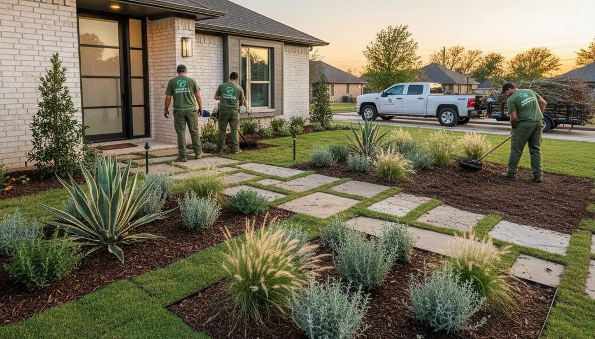 Landscaping crew providing lawn care service in Fort Worth, TX