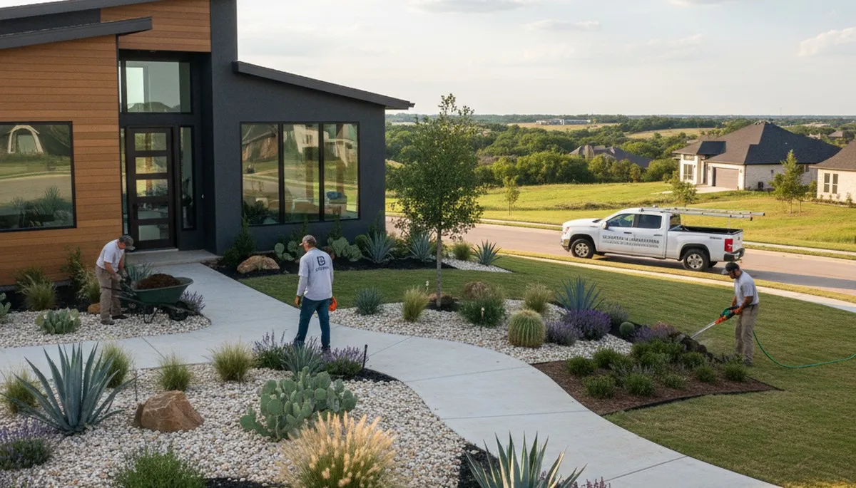 Fort Worth, TX landscaping crew providing professional lawn care services for residential properties