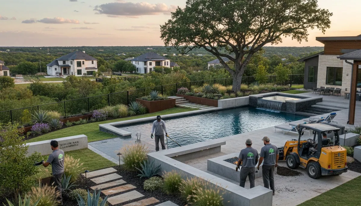 Landscaping team servicing lawns in Fort Worth, TX for lawn care and yard maintenance