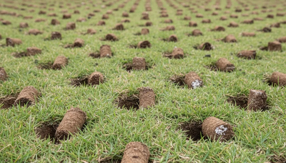 Close-up of soil core plugs after lawn aeration on a Fort Worth, TX lawn by Chop Chop Landscaping